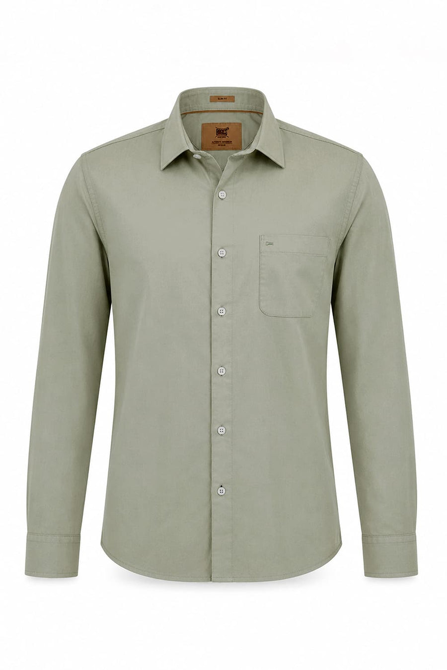 BASICS SLIM FIT TEA GREEN COTTON TWILL SHIRT