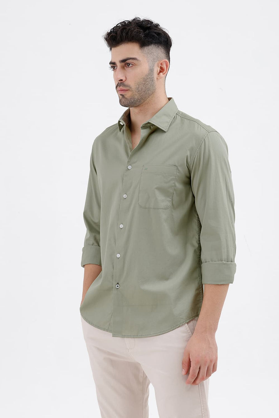 BASICS SLIM FIT TEA GREEN COTTON TWILL SHIRT