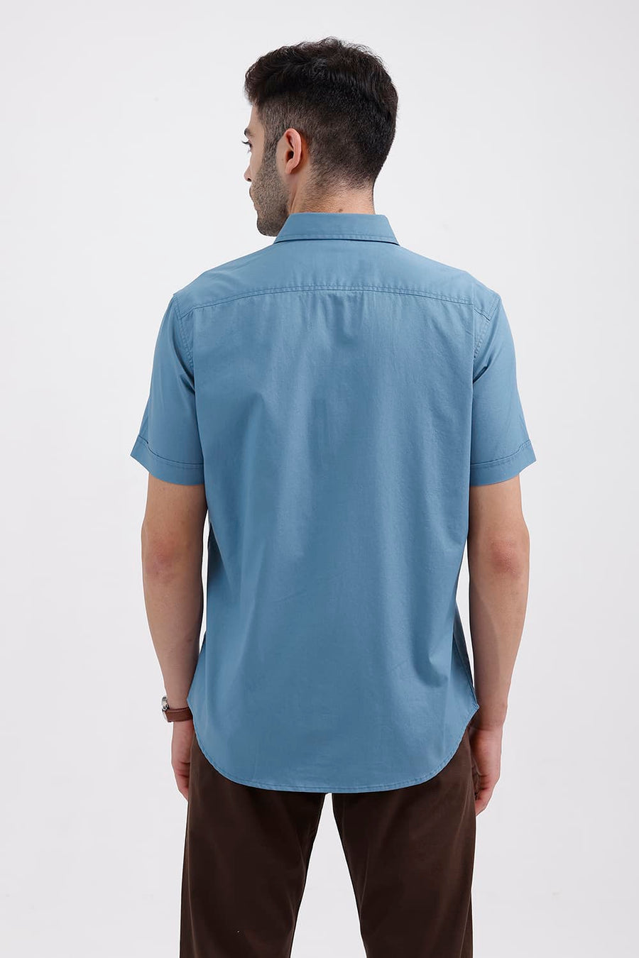 BASICS SLIM FIT PROVINCIAL BLUE COTTON TWILL HALFSLEEVES SHIRT