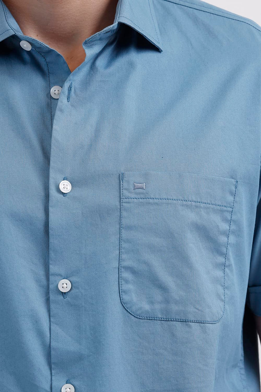 BASICS SLIM FIT PROVINCIAL BLUE COTTON TWILL HALFSLEEVES SHIRT