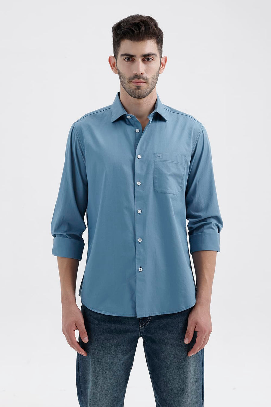 BASICS SLIM FIT PROVINCIAL BLUE COTTON TWILL SHIRT