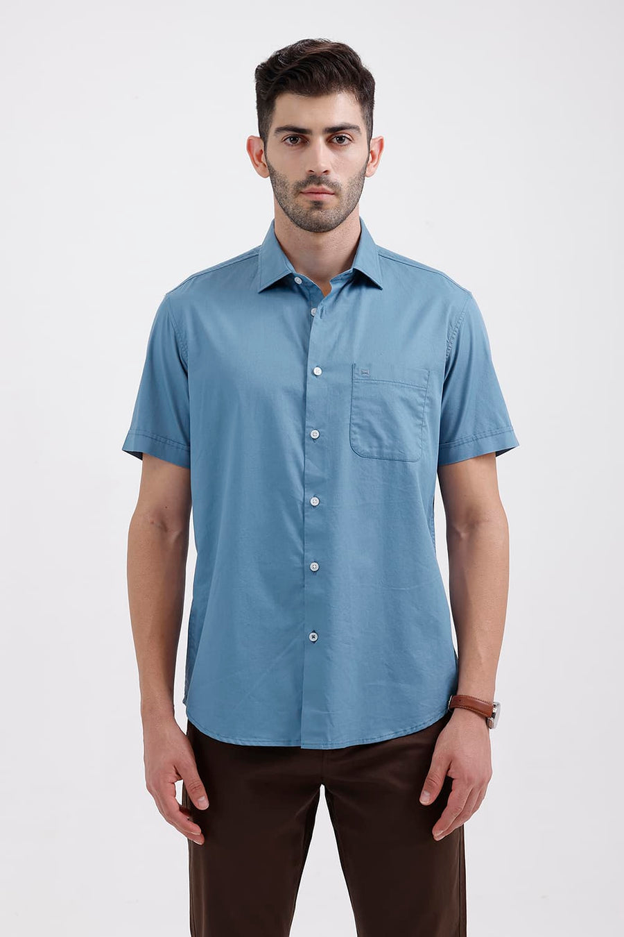 BASICS SLIM FIT PROVINCIAL BLUE COTTON TWILL HALFSLEEVES SHIRT