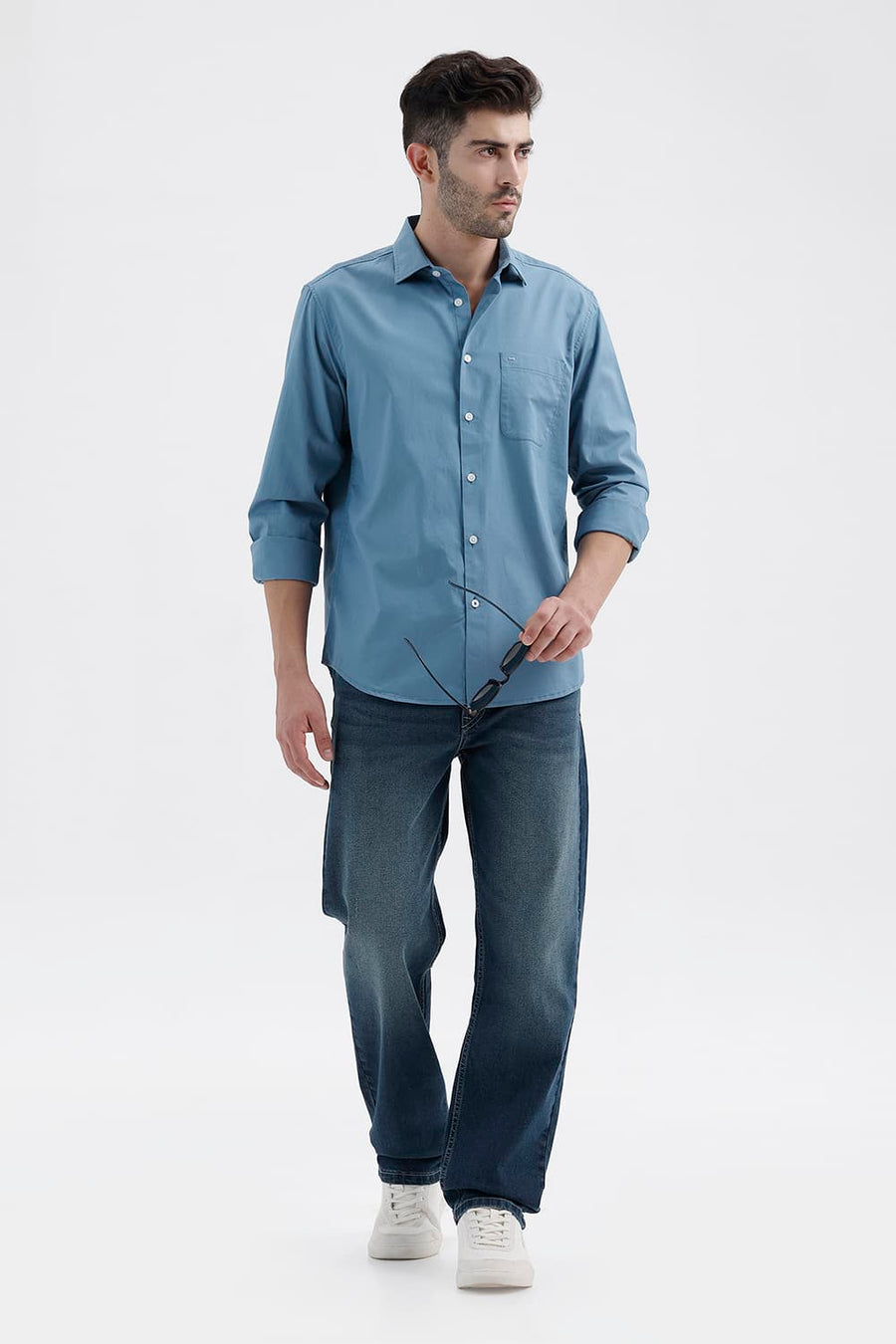 BASICS SLIM FIT PROVINCIAL BLUE COTTON TWILL SHIRT