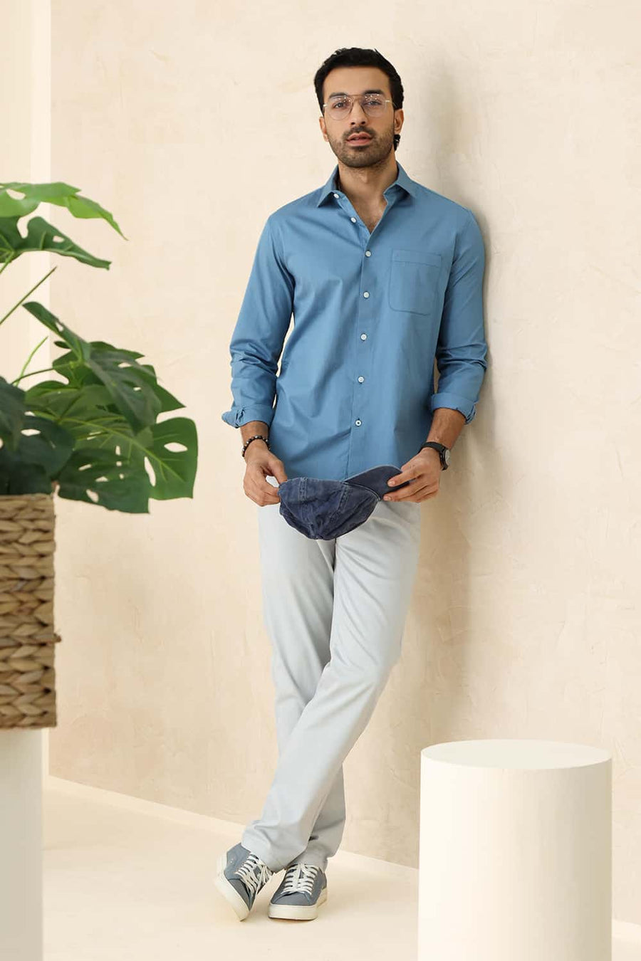 Basics Slim Fit Provincial Blue Cotton Twill Shirt
