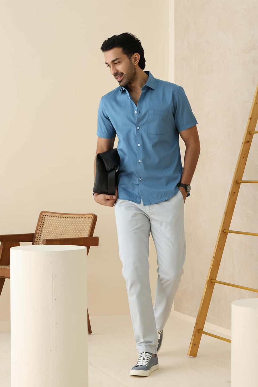 Basics Slim Fit Provincial Blue Cotton Twill Halfsleeves Shirt