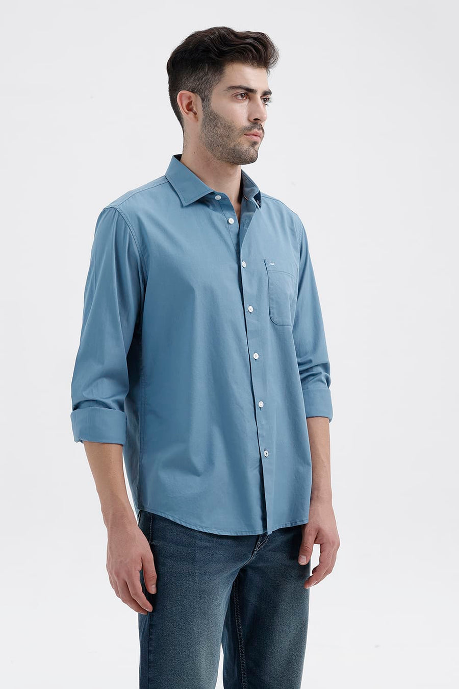 BASICS SLIM FIT PROVINCIAL BLUE COTTON TWILL SHIRT