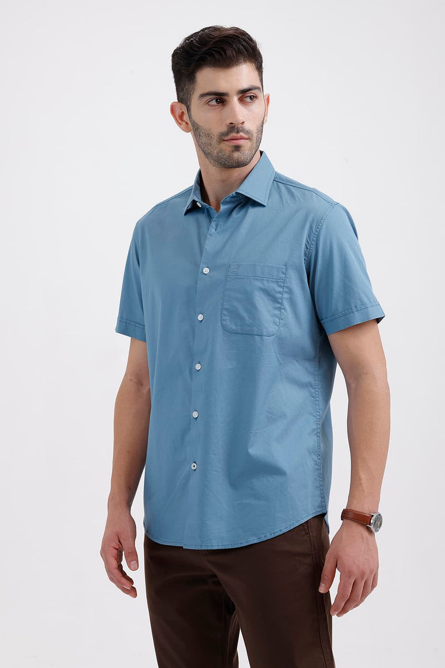 BASICS SLIM FIT PROVINCIAL BLUE COTTON TWILL HALFSLEEVES SHIRT
