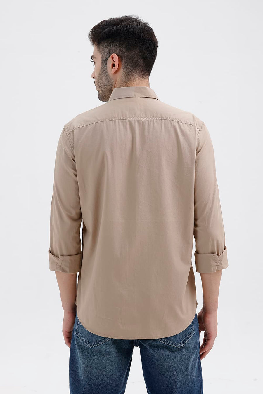 BASICS SLIM FIT TAUPE BROWN COTTON TWILL SHIRT