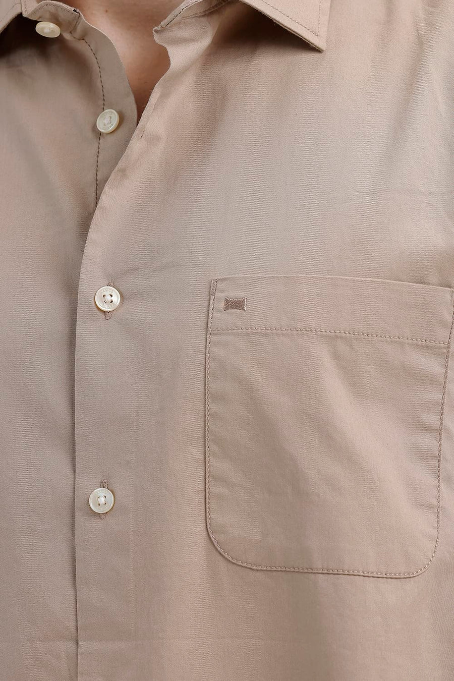 BASICS SLIM FIT TAUPE BROWN COTTON TWILL HALFSLEEVES SHIRT