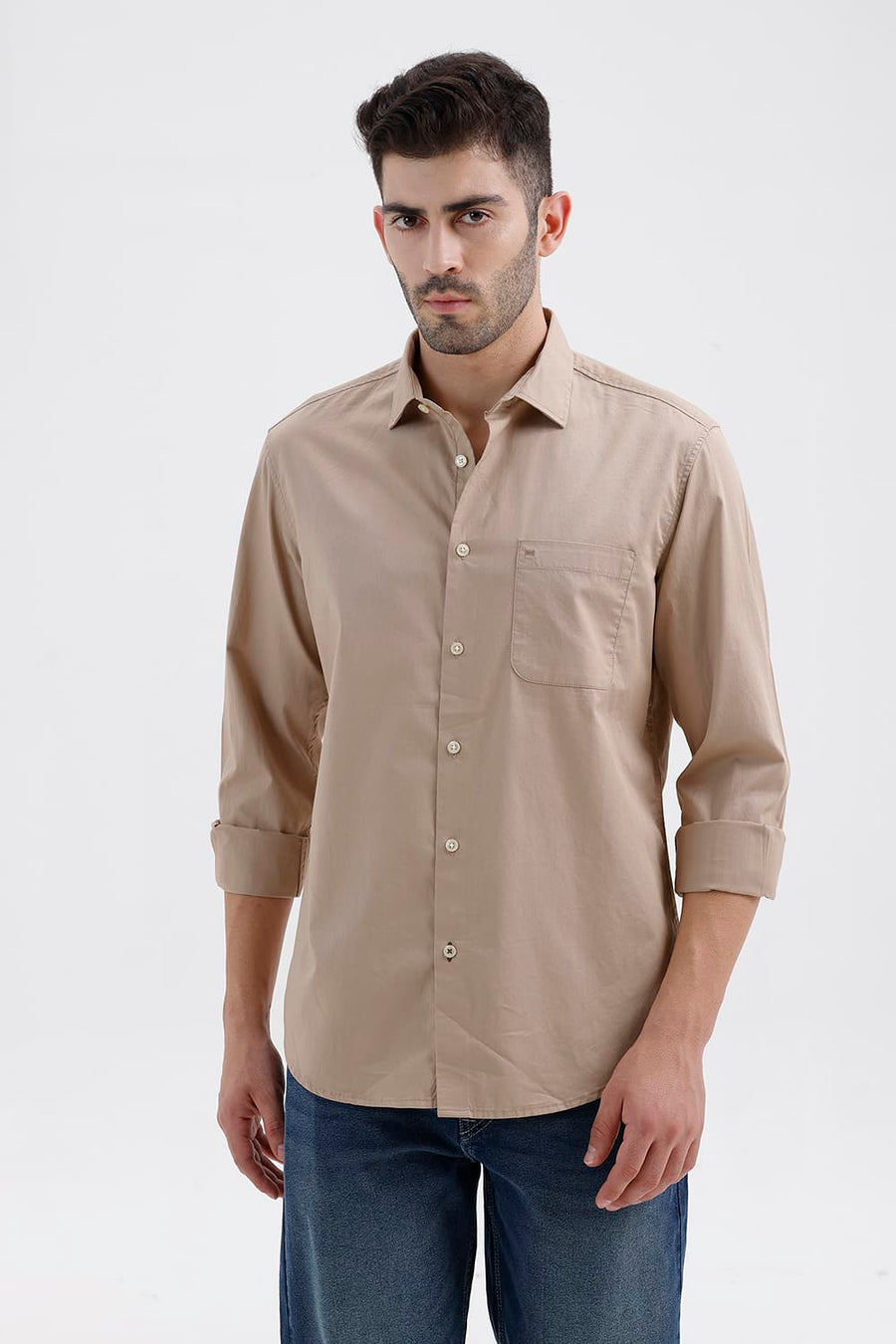 BASICS SLIM FIT TAUPE BROWN COTTON TWILL SHIRT