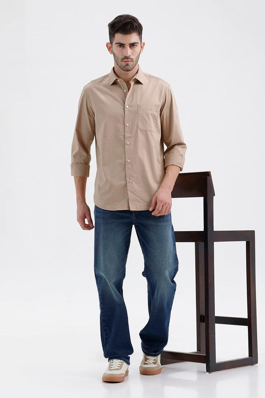 BASICS SLIM FIT TAUPE BROWN COTTON TWILL SHIRT