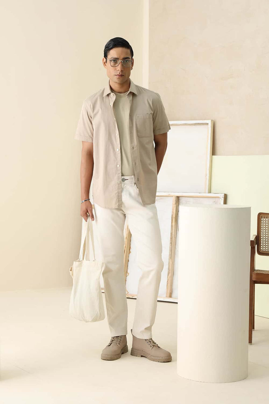 Basics Slim Fit Taupe Brown Cotton Twill Halfsleeves Shirt