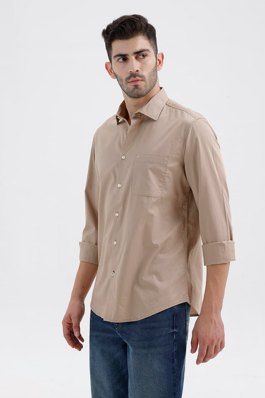 BASICS SLIM FIT TAUPE BROWN COTTON TWILL SHIRT