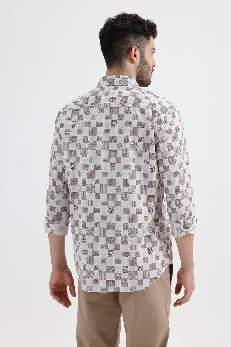 BASICS SLIM FIT MIST BROWN COTTON PRINTED SHIRT