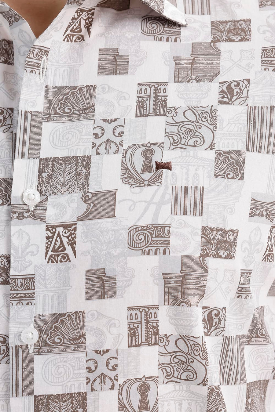 BASICS SLIM FIT MIST BROWN COTTON PRINTED SHIRT