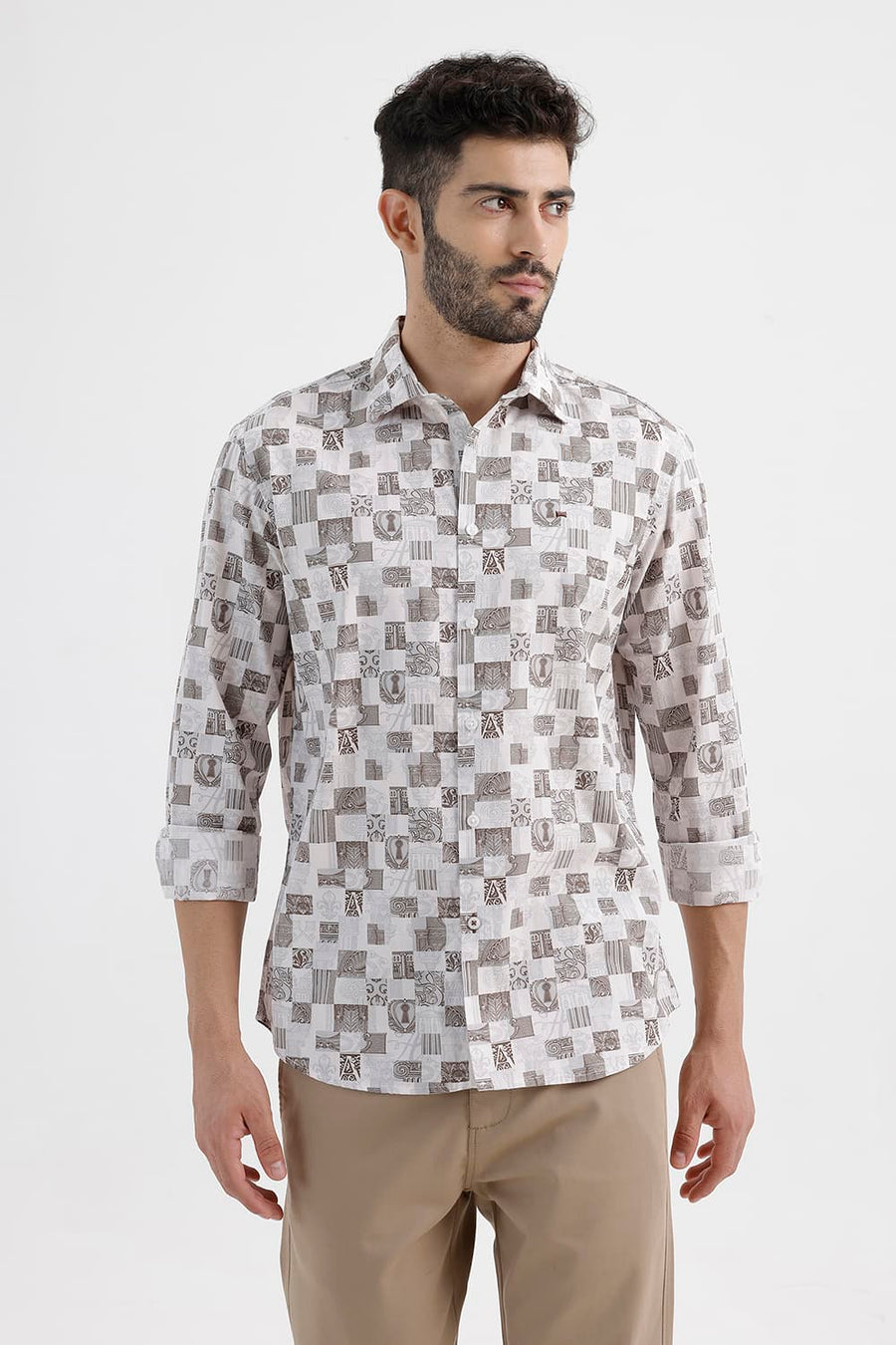 BASICS SLIM FIT MIST BROWN COTTON PRINTED SHIRT