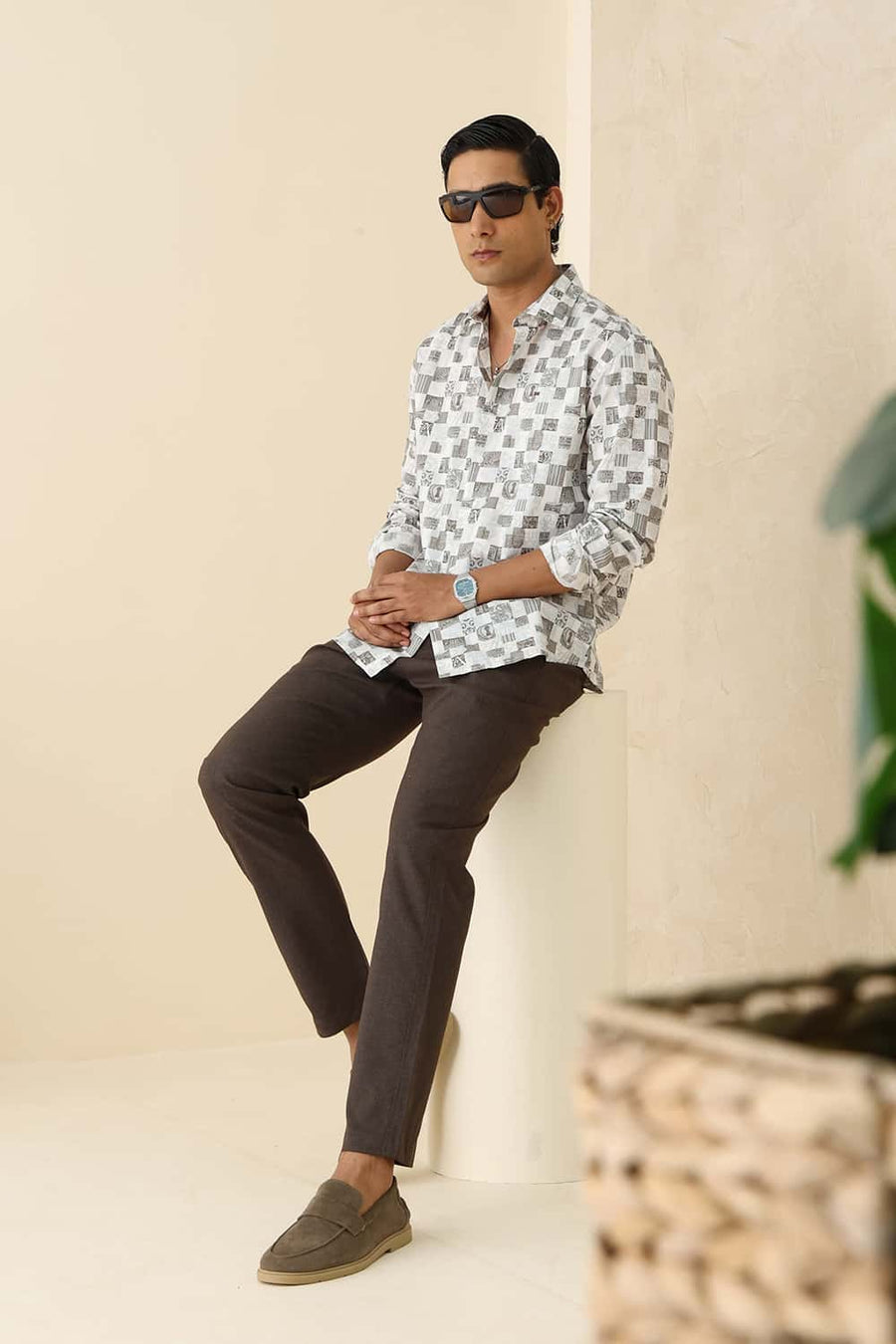Basics Slim Fit Mist Brown Cotton Printed Shirt