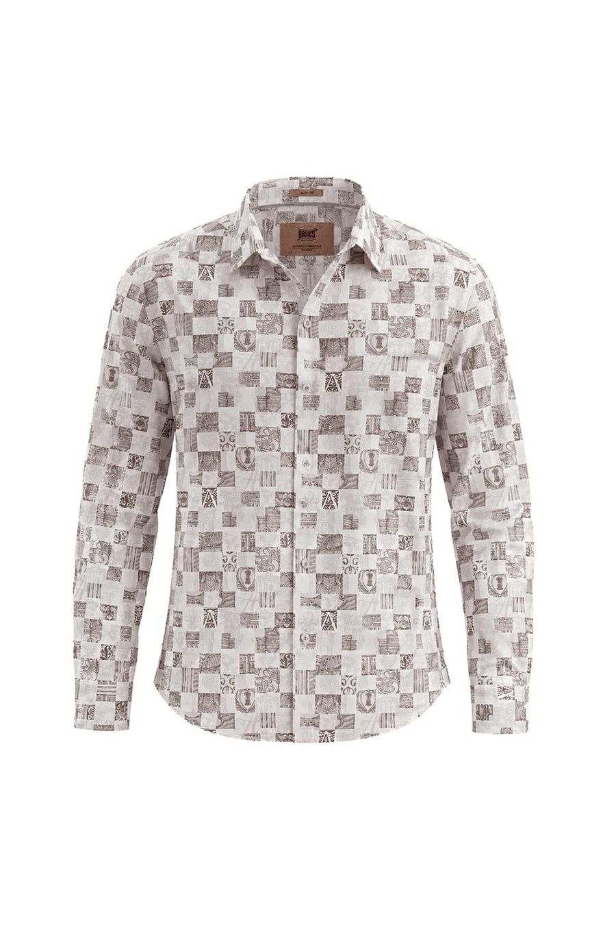 BASICS SLIM FIT MIST BROWN COTTON PRINTED SHIRT