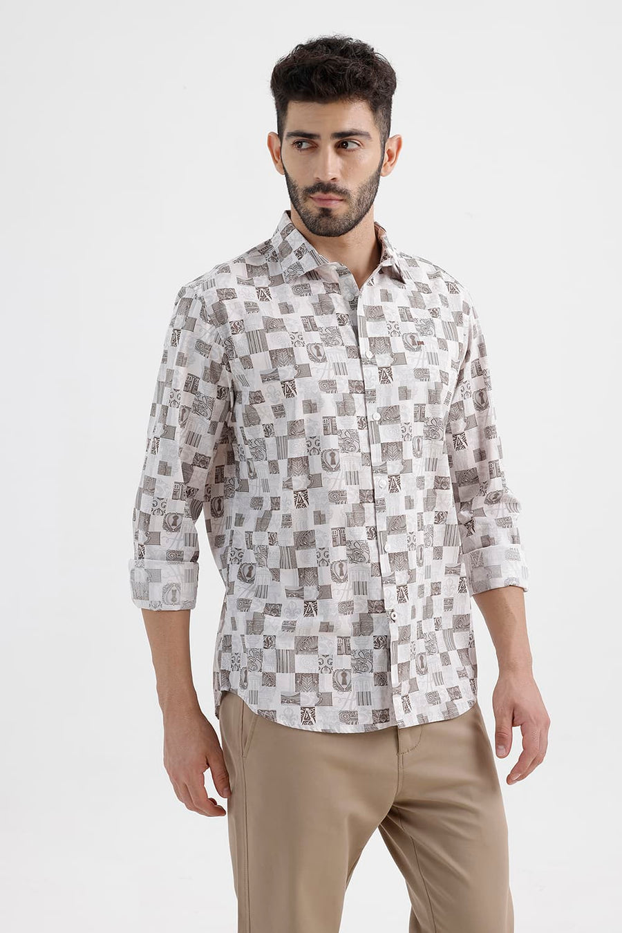 BASICS SLIM FIT MIST BROWN COTTON PRINTED SHIRT