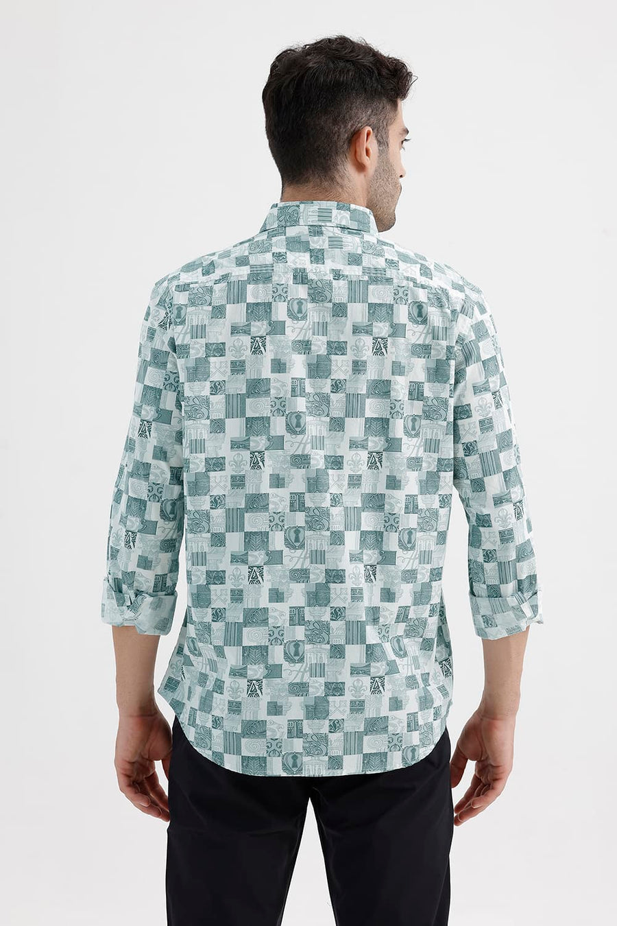 BASICS SLIM FIT PINE GREEN COTTON PRINTED SHIRT