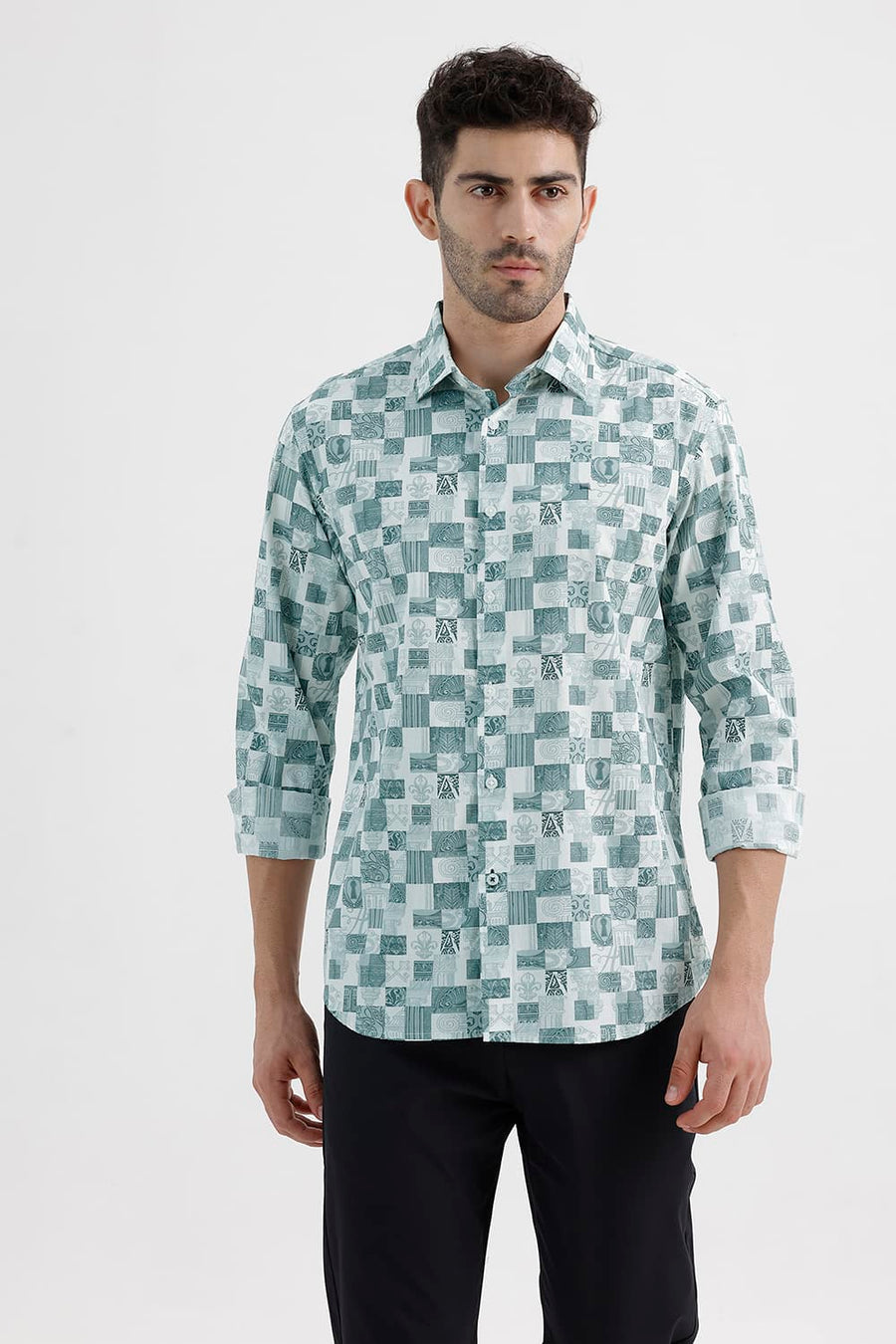 BASICS SLIM FIT PINE GREEN COTTON PRINTED SHIRT