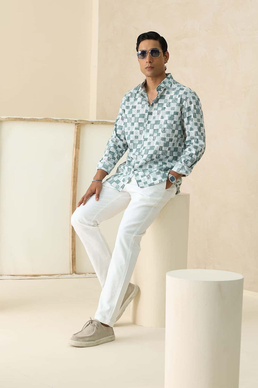 Basics Slim Fit Pine Green Cotton Printed Shirt