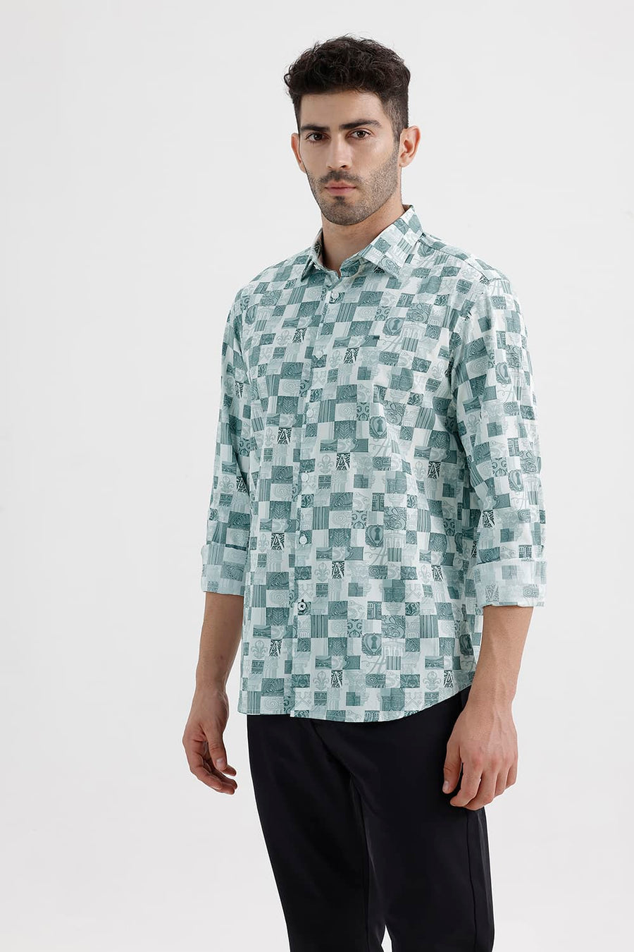 BASICS SLIM FIT PINE GREEN COTTON PRINTED SHIRT