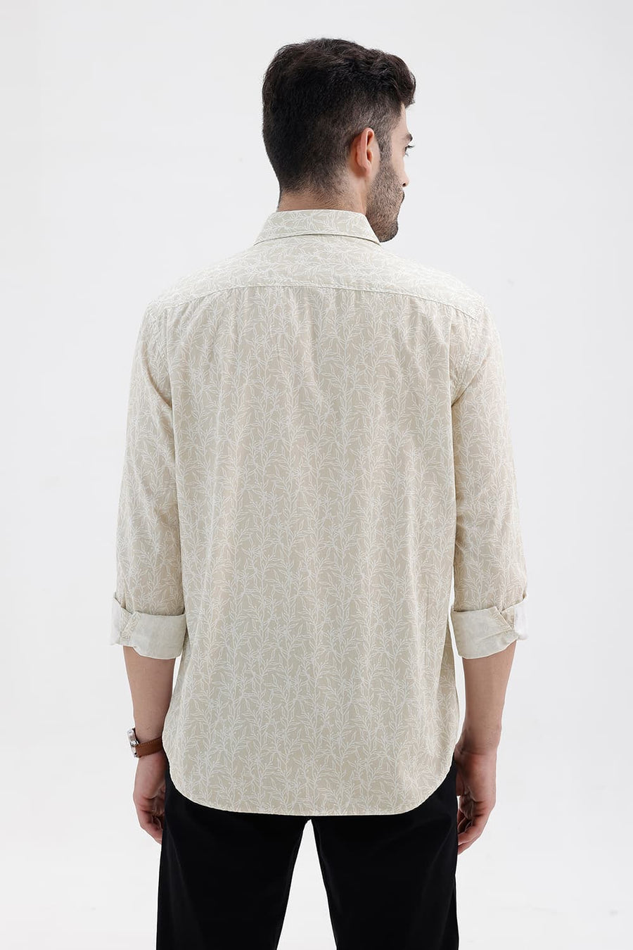 BASICS SLIM FIT FOG KHAKI COTTON PRINTED SHIRT