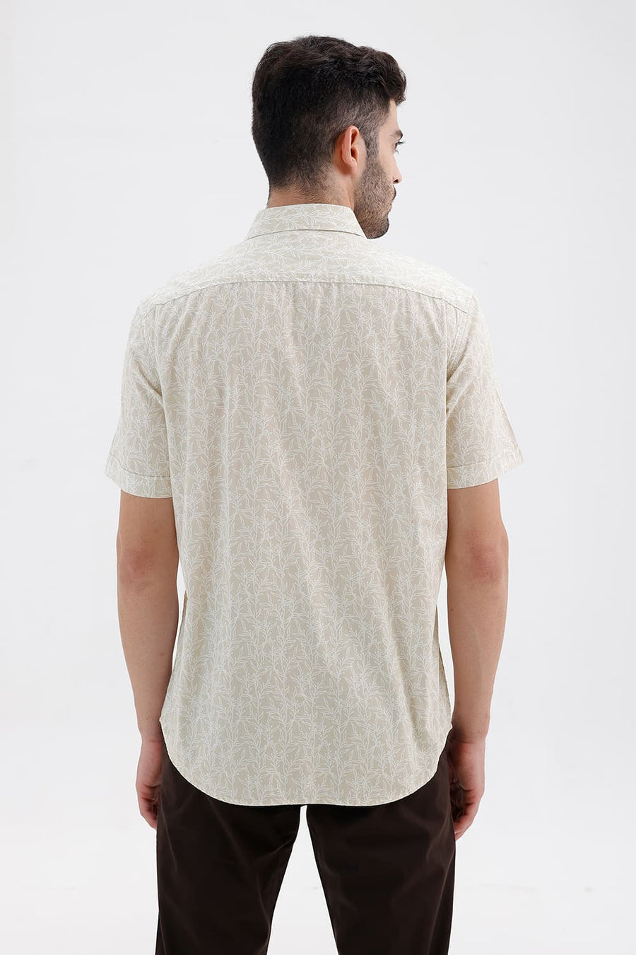 BASICS SLIM FIT FOG KHAKI COTTON PRINTED HALFSLEEVES SHIRT
