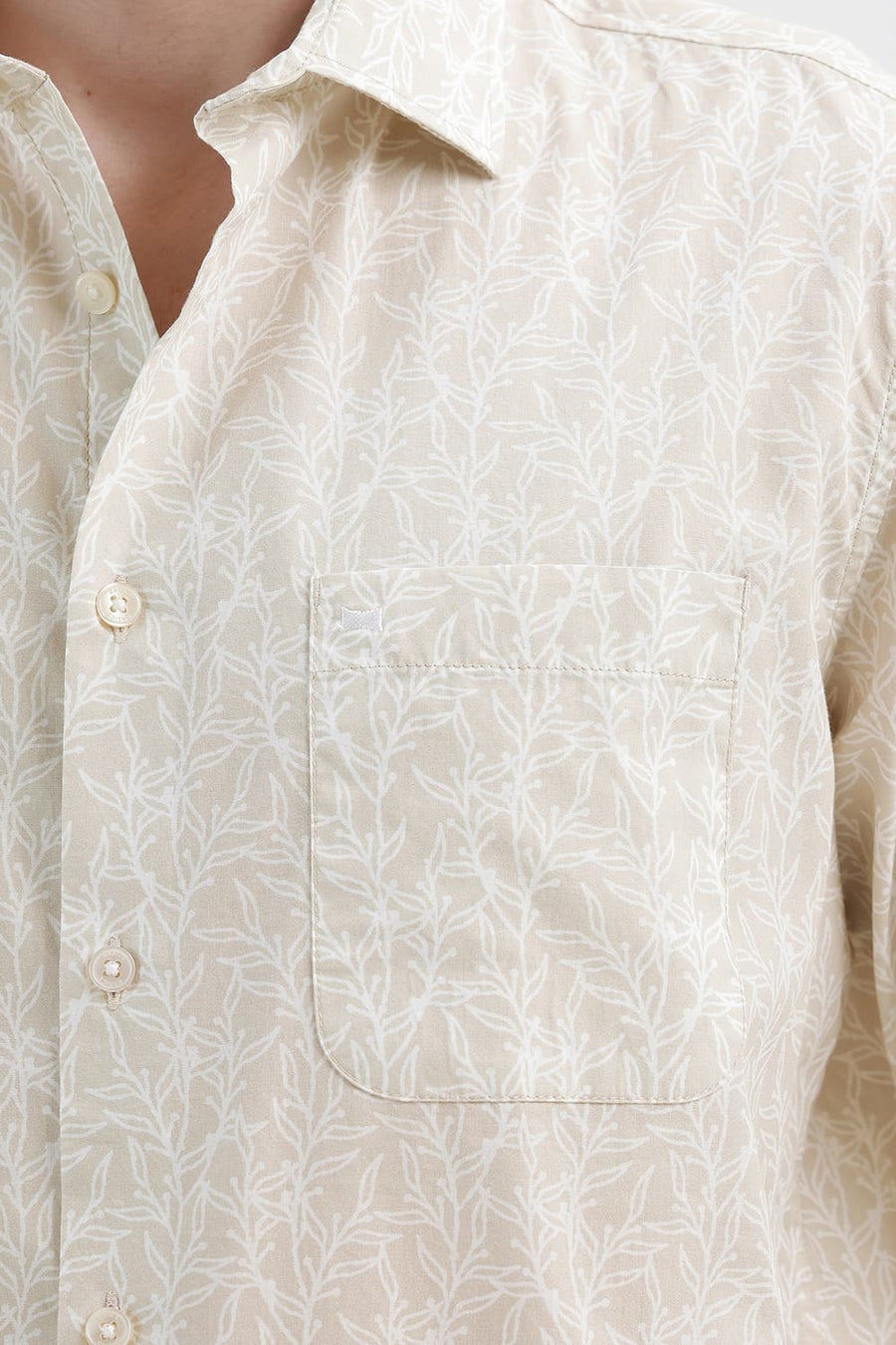 BASICS SLIM FIT FOG KHAKI COTTON PRINTED SHIRT