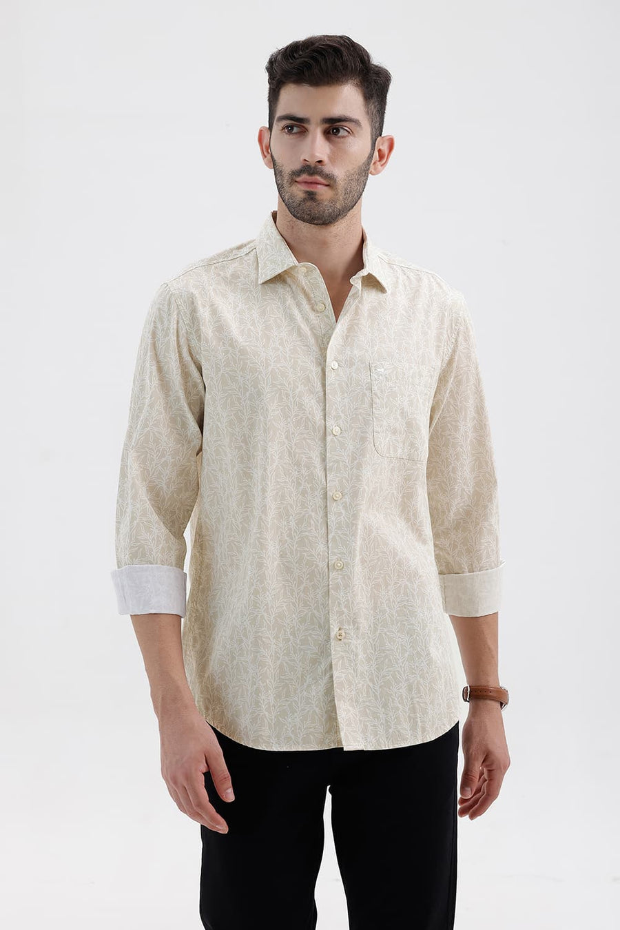 BASICS SLIM FIT FOG KHAKI COTTON PRINTED SHIRT