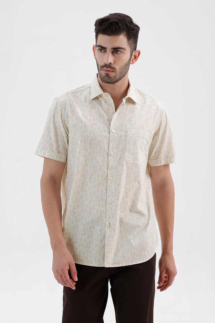 BASICS SLIM FIT FOG KHAKI COTTON PRINTED HALFSLEEVES SHIRT
