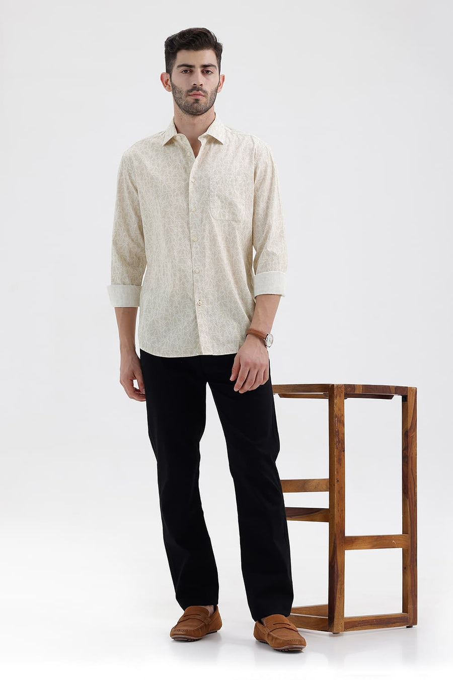 BASICS SLIM FIT FOG KHAKI COTTON PRINTED SHIRT