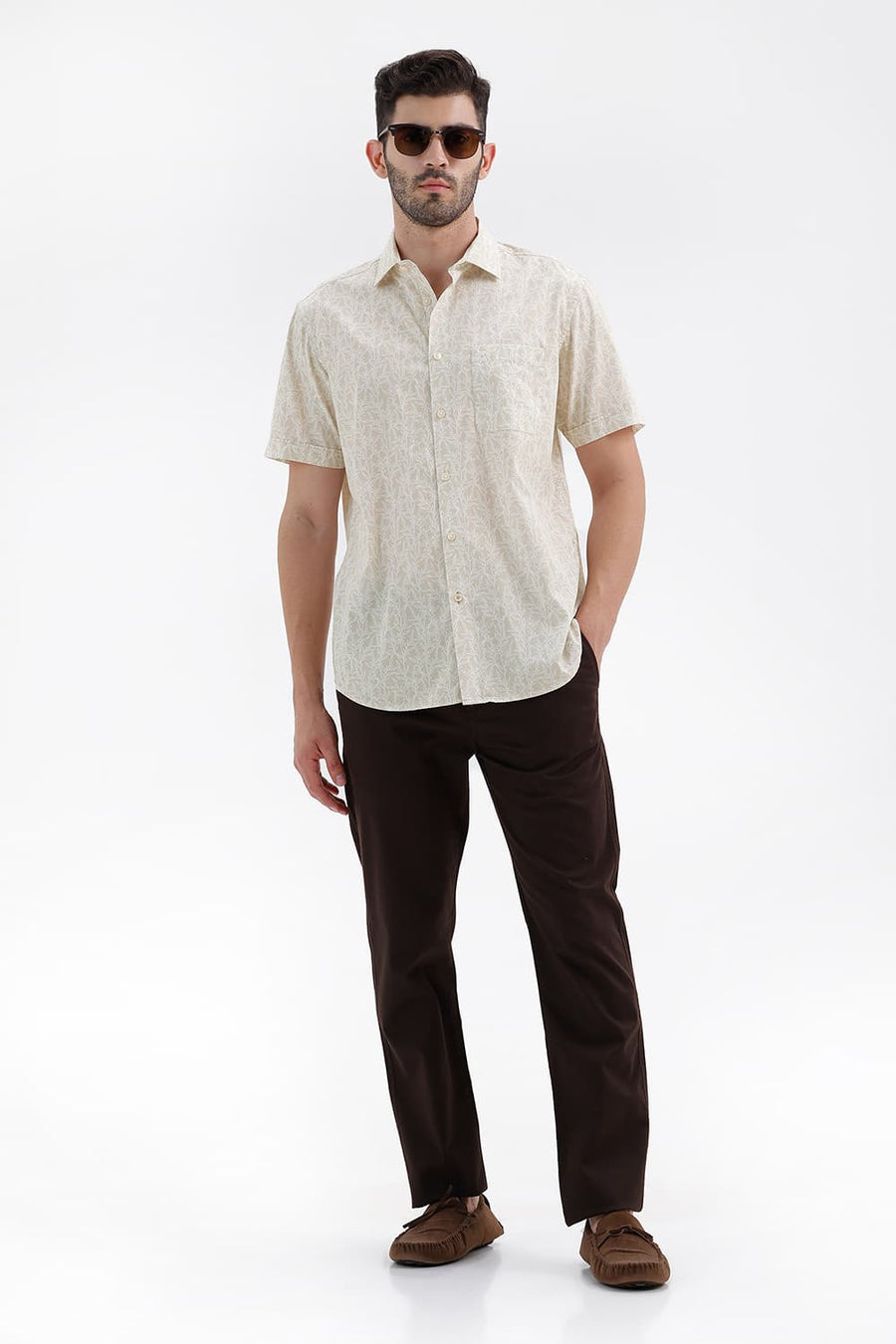 BASICS SLIM FIT FOG KHAKI COTTON PRINTED HALFSLEEVES SHIRT