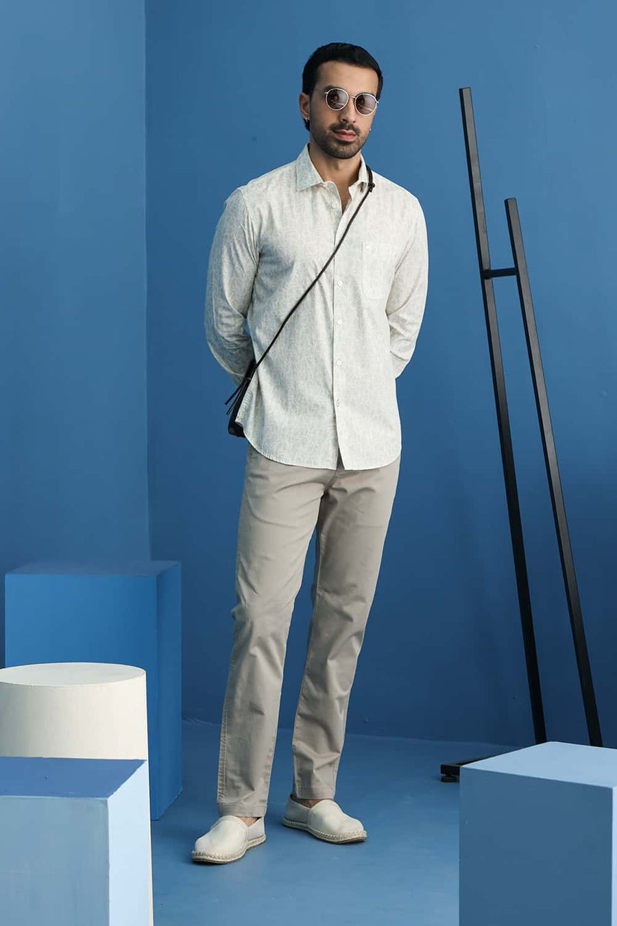 Basics Slim Fit Fog Khaki Cotton Printed Shirt