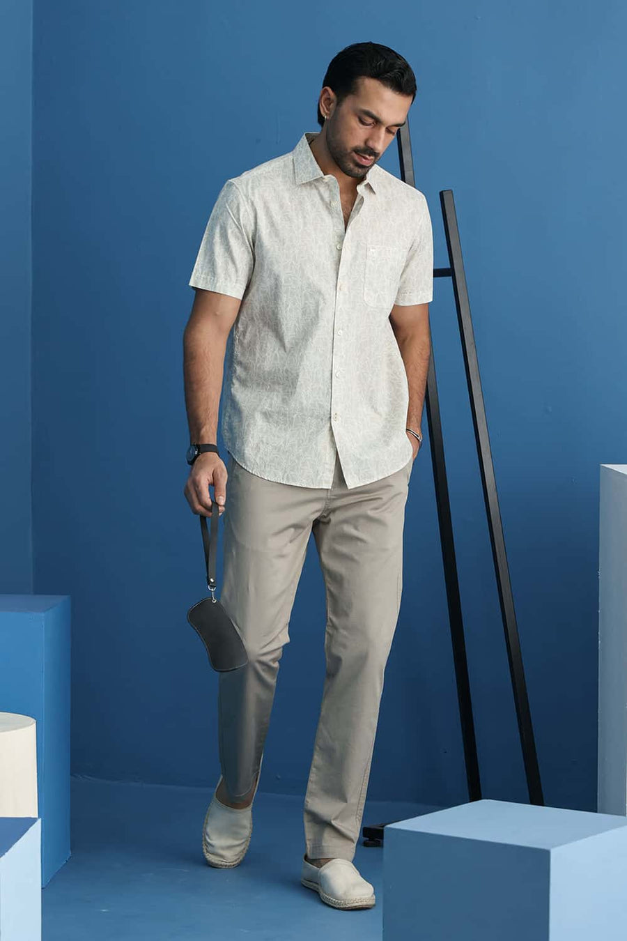 Basics Slim Fit Fog Khaki Cotton Printed Halfsleeves Shirt