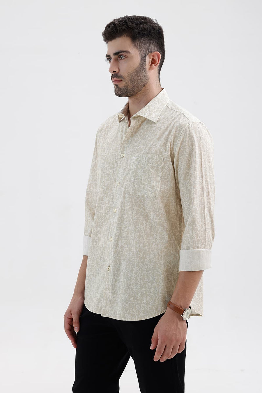 BASICS SLIM FIT FOG KHAKI COTTON PRINTED SHIRT
