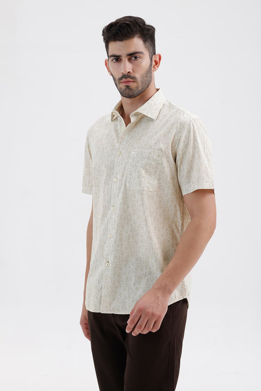 BASICS SLIM FIT FOG KHAKI COTTON PRINTED HALFSLEEVES SHIRT