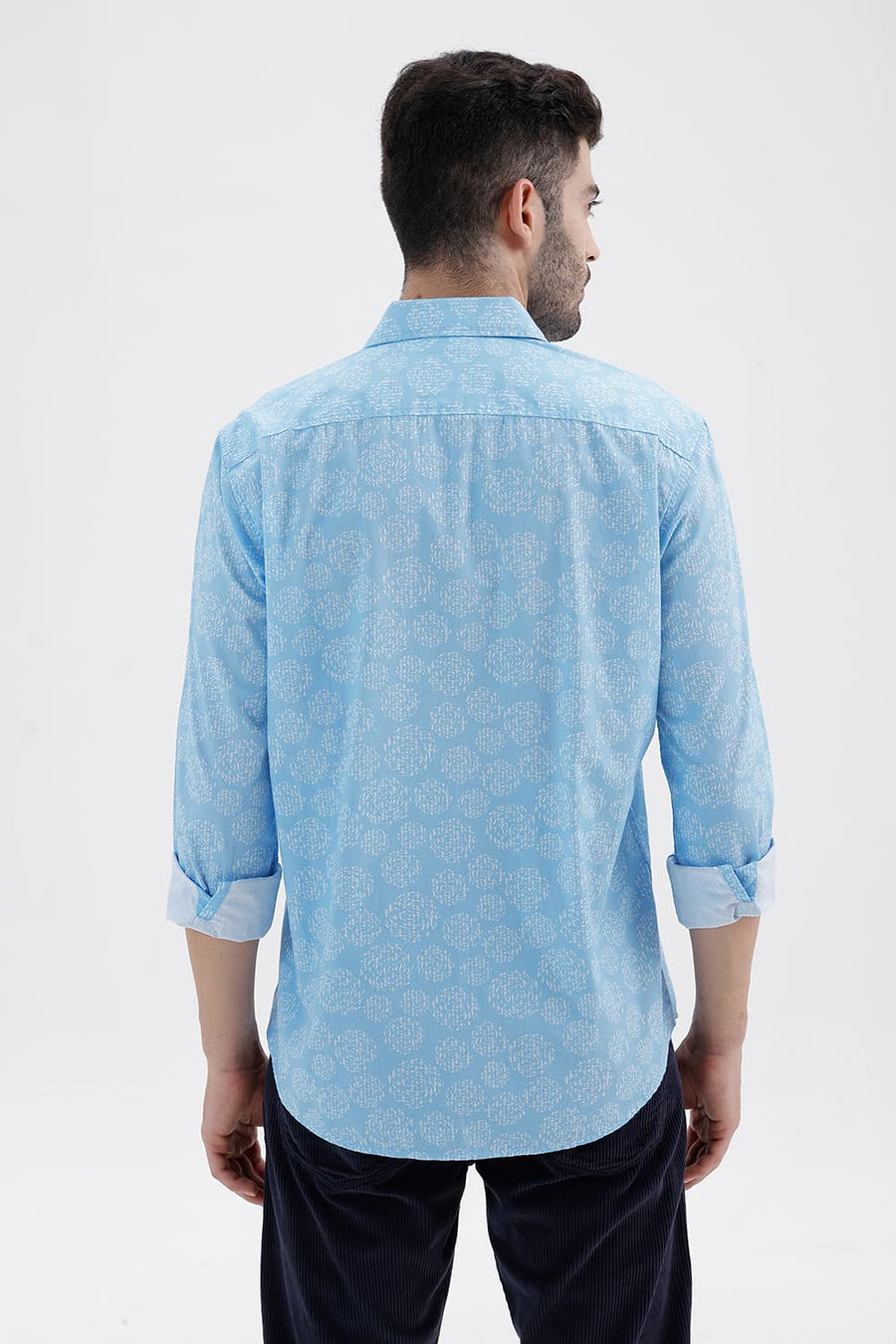 BASICS SLIM FIT CANAL BLUE COTTON PRINTED SHIRT