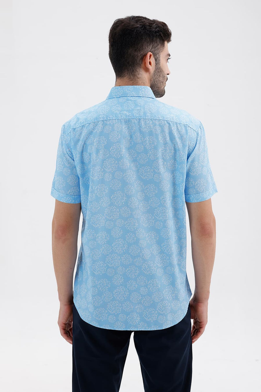 BASICS SLIM FIT CANAL BLUE COTTON PRINTED HALFSLEEVES SHIRT