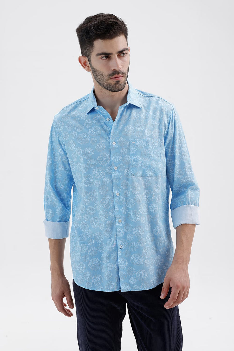 BASICS SLIM FIT CANAL BLUE COTTON PRINTED SHIRT