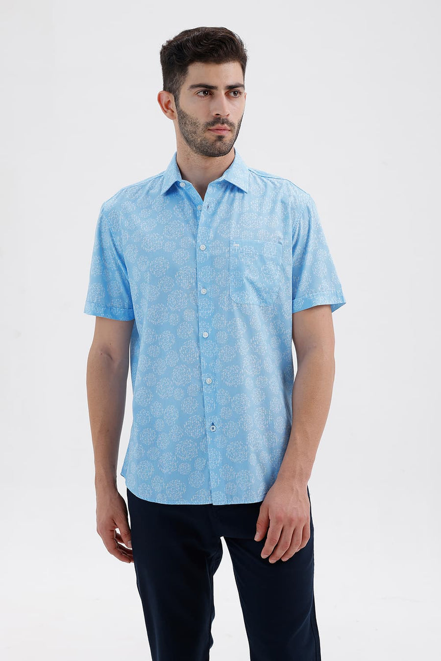 BASICS SLIM FIT CANAL BLUE COTTON PRINTED HALFSLEEVES SHIRT