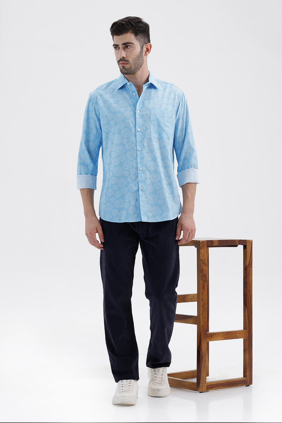 BASICS SLIM FIT CANAL BLUE COTTON PRINTED SHIRT