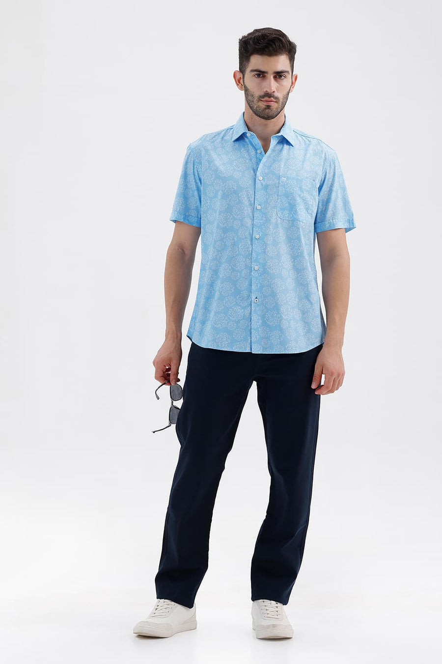 BASICS SLIM FIT CANAL BLUE COTTON PRINTED HALFSLEEVES SHIRT