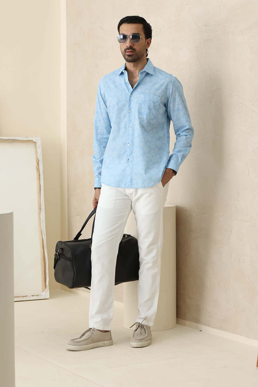 Basics Slim Fit Canal Blue Cotton Printed Shirt