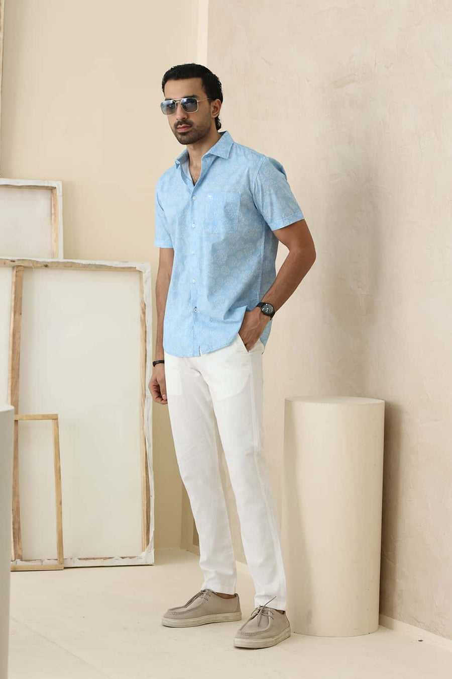 Basics Slim Fit Canal Blue Cotton Printed Halfsleeves Shirt