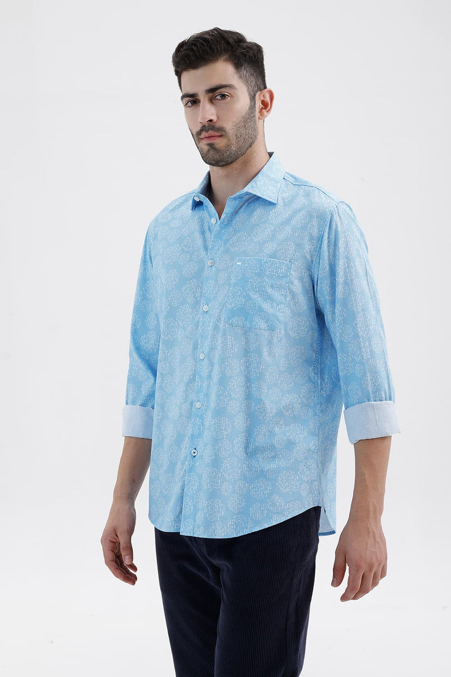 BASICS SLIM FIT CANAL BLUE COTTON PRINTED SHIRT