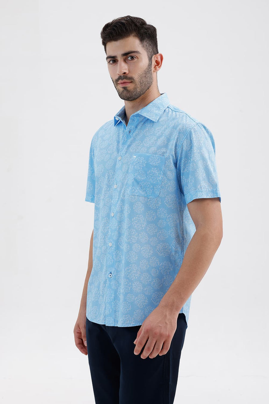 BASICS SLIM FIT CANAL BLUE COTTON PRINTED HALFSLEEVES SHIRT