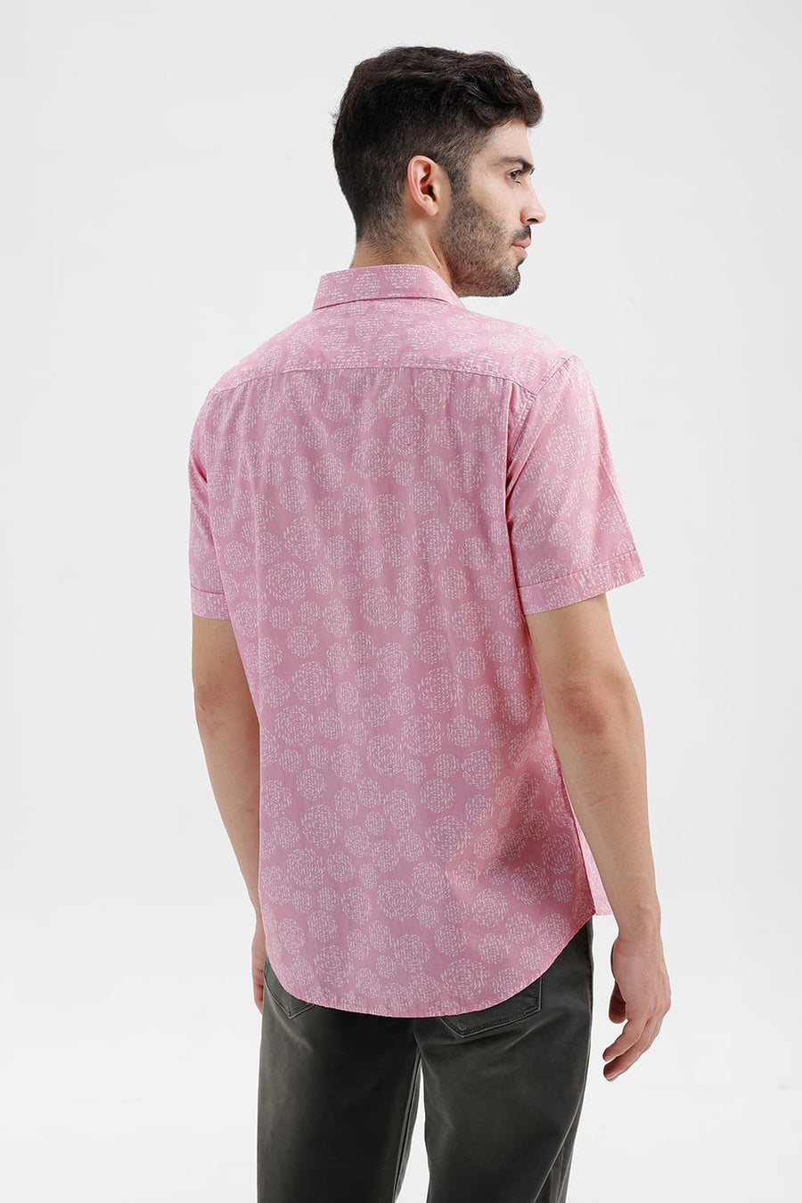 BASICS SLIM FIT PINK DOLPHIN COTTON PRINTED HALFSLEEVES SHIRT