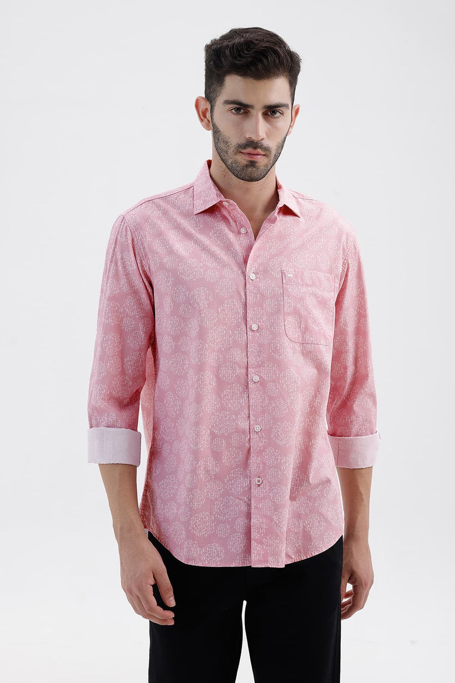 BASICS SLIM FIT PINK DOLPHIN COTTON PRINTED SHIRT